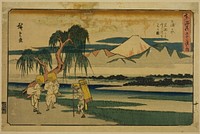 Kanbara: View of the Fuji River from Iwafuchi (Kanbara, Iwafuchi yori Fujikawa o miru zu), from the series "Fifty-three Stations of the Tokaido (Tokaido gojusan tsugi no uchi)," also known as the Gyosho Tokaido by Utagawa Hiroshige