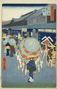 View of Nihonbashi Tori-itchome (Nihonbashi Tori-itchome ryakuzu), from the series "One Hundred Famous Views of Edo (Meisho Edo hyakkei)" by Utagawa Hiroshige