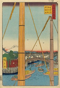 Inari Bridge and Minato Shrine, Teppozu (Teppozu Inaribashi Minato Jinja), from the series "One Hundred Famous Views of Edo (Meisho Edo hyakkei)" by Utagawa Hiroshige