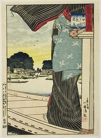 Distant View of Matsuchi Hill from the Sumida River (Sumidagawa yori Matsuchiyama enkei),  from the series "One Hundred Views of Musashi Province (Musashi hyakkei no uchi)" by Kobayashi Kiyochika