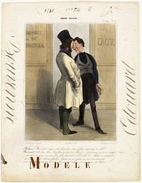 Robert: “- Well, well! My dear director... how's business?” Bertrand: “- Good, very good, I am quite content. Unfortunately we don't have a penny to continue! - Oh blast! - But an investor still owes us 200,000 Francs... and will come up for signature either tonight or latest tomorrow morning. - About time... I urgently need a new pair of boots,” plate 6 from Robert Macaire by Honoré-Victorin Daumier