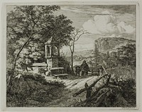 Wood Gatherer with a Boy, plate two from Die zwei grossen Landschaften mit den Betsäulen by Johann Christoph Erhard