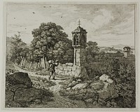 Farmer Greeting a Roadside Shrine of the Madonna, plate one from Die zwei grossen Landschaften mit den Betsäulen by Johann Christoph Erhard