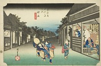 Goyu: Women Stopping Travelers (Goyu, tabibito tomeru onna), from the series "Fifty-three Stations of the Tokaido (Tokaido gojusan tsugi no uchi)," also known as the Hoeido Tokaido by Utagawa Hiroshige