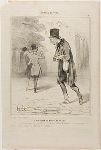 The Collector of Cigar Stubs. “When will these buggers finally have finished smoking! They're bailiff's clerks; they smoke until the ashes are left. No way to squeeze a centime out of them,” plate 4 from Bohémiens De Paris by Honoré-Victorin Daumier