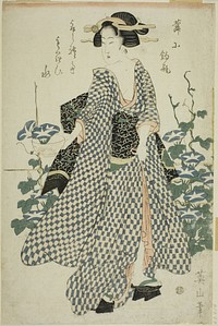 Beauty standing beside morning glories by Kikukawa Eizan