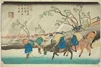 No. 20: Rain on the Hiratsuka Plain near Kutsukake Station (Niju: Kutsukake no eki, Hiratsukahara uchu no kei), from the series "[Sixty-nine Stations of the] Kisokaido (Kisokaido [rokujukyu tsugi no uchi])" by Keisai Eisen