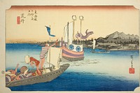 Arai: View of Ferryboats (Arai, watashibune no zu), from the series "Fifty-three Stations of the Tokaido (Tokaido gojusan tsugi no uchi)," also known as the Hoeido Tokaido by Utagawa Hiroshige