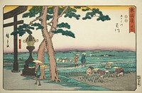 Kakegawa: The Crossroad at Akibayama (Kakegawa, Akibayama betsudo)—No. 27, from the series "Fifty-three Stations of the Tokaido (Tokaido gojusan tsugi)," also known as the Reisho Tokaido by Utagawa Hiroshige