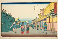 Narumi: Shops Selling the Famous Tie-dyed Fabric (Narumi, meisan shibori mise)—No. 41, from the series "Fifty-three Stations of the Tokaido (Tokaido gojusan tsugi)," also known as the Reisho Tokaido by Utagawa Hiroshige