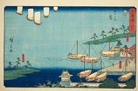 Miya: Shichiri Ferry Crossing, Gate to the Atsuta Shrine, and Nezame Village (Miya, Shichiri no watashi, Atsuta no torii, Nezame no sato)—No. 42, from the series "Fifty-three Stations of the Tokaido (Tokaido gojusan tsugi)," also known as the Reisho Tokaido by Utagawa Hiroshige