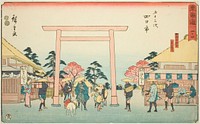 Yokkaichi: The Junction of the Road to Ise Shrine at Hinaga Village (Yokkaichi, Hinagamura oiwake, Sangudo)—No. 44, from the series "Fifty-three Stations of the Tokaido (Tokaido gojusan tsugi)," also known as the Reisho Tokaido by Utagawa Hiroshige