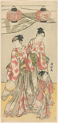 The Actors Yamashita Mangiku, Iwai Hanshiro IV, and Iwai Kumesaburo from a pentaptych of eleven actors celebrating the festival of the shrine of the Soga brothers by Torii Kiyonaga