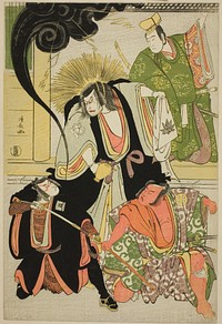 The Actors Nakayama Kojuro VI (Nakamura Nakazo I) as Hatchotsubute no Kiheiji, Otani Hiroji III as Miura Arajiro, Ichikawa Yaozo III as Akugenta Yoshihira, Sawamura Sojuro III as Taira no Shigemori, in the shosa "Fukyoku Edo Geisha," performed at the Nakamura Theater in the eleventh month, 1785 by Torii Kiyonaga