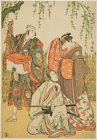 The Actors Ichikawa Yaozo III as Shiragiku, Ichikawa Danjuro V as the puppeteer Dekurokubei, and Sawamura Sojuro III as Soga no Juro, in the joruri "Shinobukoi Yanagi no Katsura Otoko," performed at the Nakamura Theater in the first month, 1785 by Torii Kiyonaga