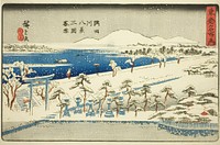 Evening Snow at Mimeguri, Eight Views of the Sumida River (Sumidagawa hakkei, Mimeguri bosetsu), from the series "Famous Places in the Eastern Capital (Toto meisho no uchi)" by Utagawa Hiroshige