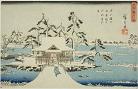 Snow at Benzaiten Shrine in Inokashira Pond (Inokashira no ike Benzaiten no yashiro yuki no kei), from the series "Snow, Moon, and Flowers at Famous Places (Meisho setsugekka)" by Utagawa Hiroshige