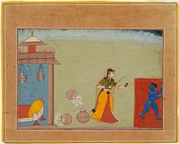 Yashoda Chastises Her Foster Son, the Youthful Krishna, page from a manuscript of the Bhagavata Purana