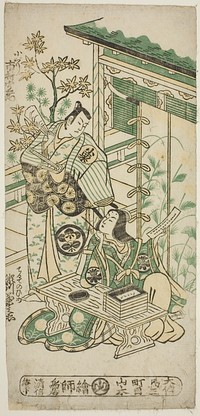 The Actors Ichimura Uzaemon VIII as Oguri Hangan and Segawa Kikunojo I as Terute no Mae in the play "Mangetsu Oguri Yakata," performed at the Ichimura Theater in the eighth month, 1747 by Torii Kiyonobu II
