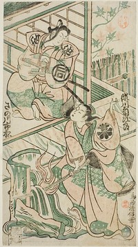 The Actors Sanogawa Ichimatsu I as Ike no Shoji and Segawa Kikujiro I as Hitachi Kohagi in the play "Mangetsu Oguri Yakata," performed at the Ichimura Theater in the eighth month, 1747 by Torii Kiyonobu II