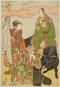 The Actors Ichikawa Monnosuke II as Miyukinosuke, Segawa Kikunojo III as Hatsune-hime, and Ichikawa Danjuro V as Ninnaji no Saibei, in the joruri "Shitenno Oe no Yamairi," performed at the Kiri Theater in the eleventh month, 1785 by Torii Kiyonaga
