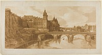 View of Pont au Change, the City Theatre, Pont Neuf, Conciergerie Prison, etc. taken from Pont Notre Dame, from A Selection of Twenty of the Most Picturesque Views in Paris by Thomas Girtin