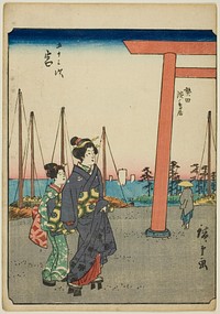 Miya, from the series "Fifty-three Stations [of the Tokaido] (Gojusan tsugi)," also known as the Figure Tokaido (Jinbutsu Tokaido) by Utagawa Hiroshige