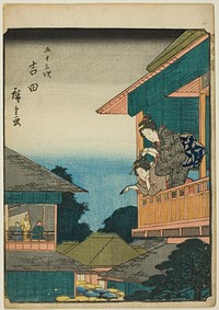 Yoshida, from the series "Fifty-three Stations [of the Tokaido] (Gojusan tsugi)," also known as the Figure Tokaido (Jinbutsu Tokaido) by Utagawa Hiroshige