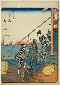 Kuwana, from the series "Fifty-three Stations [of the Tokaido] (Gojusan tsugi)," also known as the Figure Tokaido (Jinbutsu Tokaido) by Utagawa Hiroshige