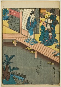 Shono, from the series "Fifty-three Stations [of the Tokaido] (Gojusan tsugi)," also known as the Figure Tokaido (Jinbutsu Tokaido) by Utagawa Hiroshige