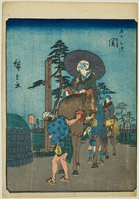 Seki, from the series "Fifty-three Stations [of the Tokaido] (Gojusan tsugi)," also known as the Figure Tokaido (Jinbutsu Tokaido) by Utagawa Hiroshige