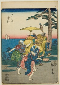 Yui, from the series "Fifty-three Stations [of the Tokaido] (Gojusan tsugi)," also known as the Figure Tokaido (Jinbutsu Tokaido) by Utagawa Hiroshige