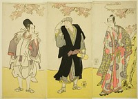 The Actors Sawamura Sojuro III as Kusunoki Tatewaki Masatsura (right), Onoe Matsusuke I as the Monk Sahei Bozu (center) and Ichikawa Yaozo III as the Prince's Servant Kusunoki Uraminosuke (left), in the Play Kumoi no Hana Yoshino no Wakamusha, Performed at the Nakamura Theater in the Eleventh Month, 1786 by Katsukawa Shunsho