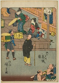 Akasaka, from the series "Fifty-three Stations [of the Tokaido] (Gojusan tsugi)," also known as the Figure Tokaido (Jinbutsu Tokaido) by Utagawa Hiroshige