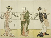 The Actors Osagawa Tsuneyo II (right), Ichikawa Monnosuke II (center), and Segawa Kikunojo III (left), Possibly as Misao Gozen, Matsuya Soshichi, and the Courtesan Kojoro of Hakata, in the Play Chiyo no Hajime Ondo no Seto (Beginnings of Eternity: The Ondo Straits in the Seto Insland Sea) (?), Performed at the Kiri Theater from the Twenty-seventh Day of te Seventh Month, 1785 by Katsukawa Shunkо̄