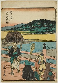 Kyoto: Sanjo Bridge (Kyo, Sanjobashi), from the series "Fifty-three Stations [of the Tokaido] (Gojusan tsugi)," also known as the Figure Tokaido (Jinbutsu Tokaido) by Utagawa Hiroshige