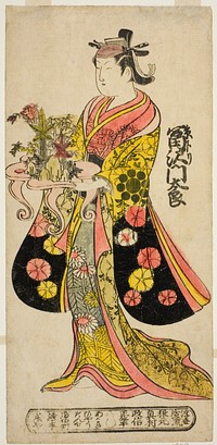 The Actor Tomizawa Montaro I as Miyako no Mae in the play "Izu Genji Horai Yakata," performed at the Ichimura Theater in the eleventh month, 1736 by Okumura Masanobu