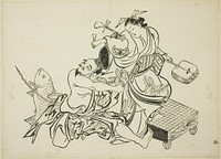 Ebisu flirting with a courtesan, no. 3 from a series of 12 prints by Okumura Masanobu