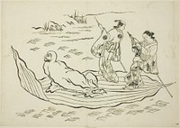 Daruma crossing the sea on a leaf, no. 7 from a series of 12 prints by Okumura Masanobu