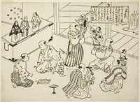 The Dressing Room of a Puppet Theater, the table of contents from the series "Famous Scenes from Japanese Puppet Plays (Yamato irotake)" by Okumura Masanobu
