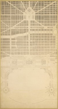 Plate 129 from The Plan of Chicago, 1909: Chicago. The Business Center of the City, Within the First Circuit Boulevard, Showing the Proposed Grand East-and-West Axis and Its Relation to Grant Park and the Yacht Harbor; the Railway Terminals Schemes on the South and West Sides, and the Civic Center by Daniel Hudson Burnham (Architect)