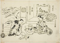 The Bamboo Flute and the Potted Tree (Shakuhachi hachi-no-ki), no. 12 from a series of 12 prints depicting parodies of plays by Okumura Masanobu