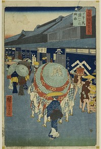 View of Nihonbashi Tori-itchome (Nihonbashi Tori-itchome ryakuzu), from the series " One Hundred Famous Views of Edo (Meisho Edo hyakkei)" by Utagawa Hiroshige