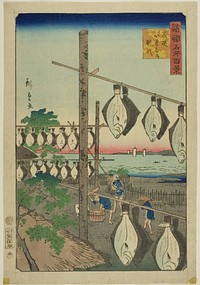 Strung-up Flounder, Wakasa Province (Wakasa karei o sasu) from the series “One Hundred Famous Views in the Various Provinces (Shokoku meisho hyakkei)” by Utagawa Hiroshige II (Shigenobu)