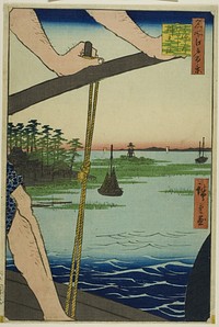 Haneda Ferry and Benten Shrine (Haneda no watashi Benten no yashiro), from the series "One Hundred Famous Views of Edo (Meisho Edo hyakkei)" by Utagawa Hiroshige