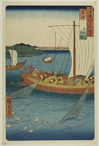 Wakasa Province: Fishing Boat Netting Flatfish (Wakasa, gyosen karei ami), from the series "Famous Places in the Sixty-odd Provinces (Rokujuyoshu meisho zue)" by Utagawa Hiroshige