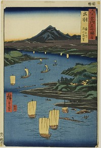 Dewa Province: Mogami River and a Distant View of Mount Gassan (Dewa, Mogamigawa, Gassan enbo), from the series "Famous Places in the Sixty-odd Provinces (Rokujuyoshu meisho zue)" by Utagawa Hiroshige