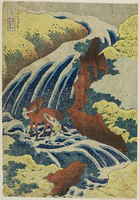 Yoshitsune's Horse-washing Falls at Yoshino in Yamato Province (Washu Yoshino Yoshitsune uma arai no taki) from the series "A Tour of Waterfalls in Various Provinces (Shokoku taki meguri)" by Katsushika Hokusai