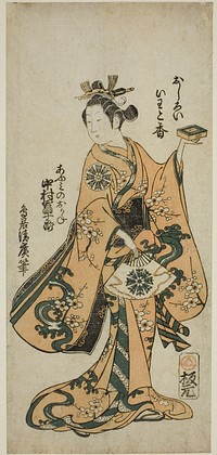 The Actor Nakamura Tomijuro I as Omi no Okane in the play "Kongen Okuni Kabuki" performed at the Nakamura Theater in the seventh month, 1754 by Torii Kiyohiro (Publisher)