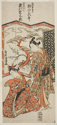 The Actors Sakakiyama Sangoro as the page boy Kichisaburo and Segawa Kikunojo II as Oshichi in the play "Hatsugai Wada no Sakamori," performed at the Nakamura Theater in the first month, 1759 by Torii Kiyomitsu I